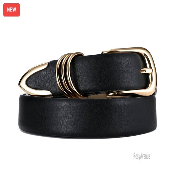 Faux Leather Belt Gold Buckle Medium Width Adjustable Dress Jeans Formal main image 7